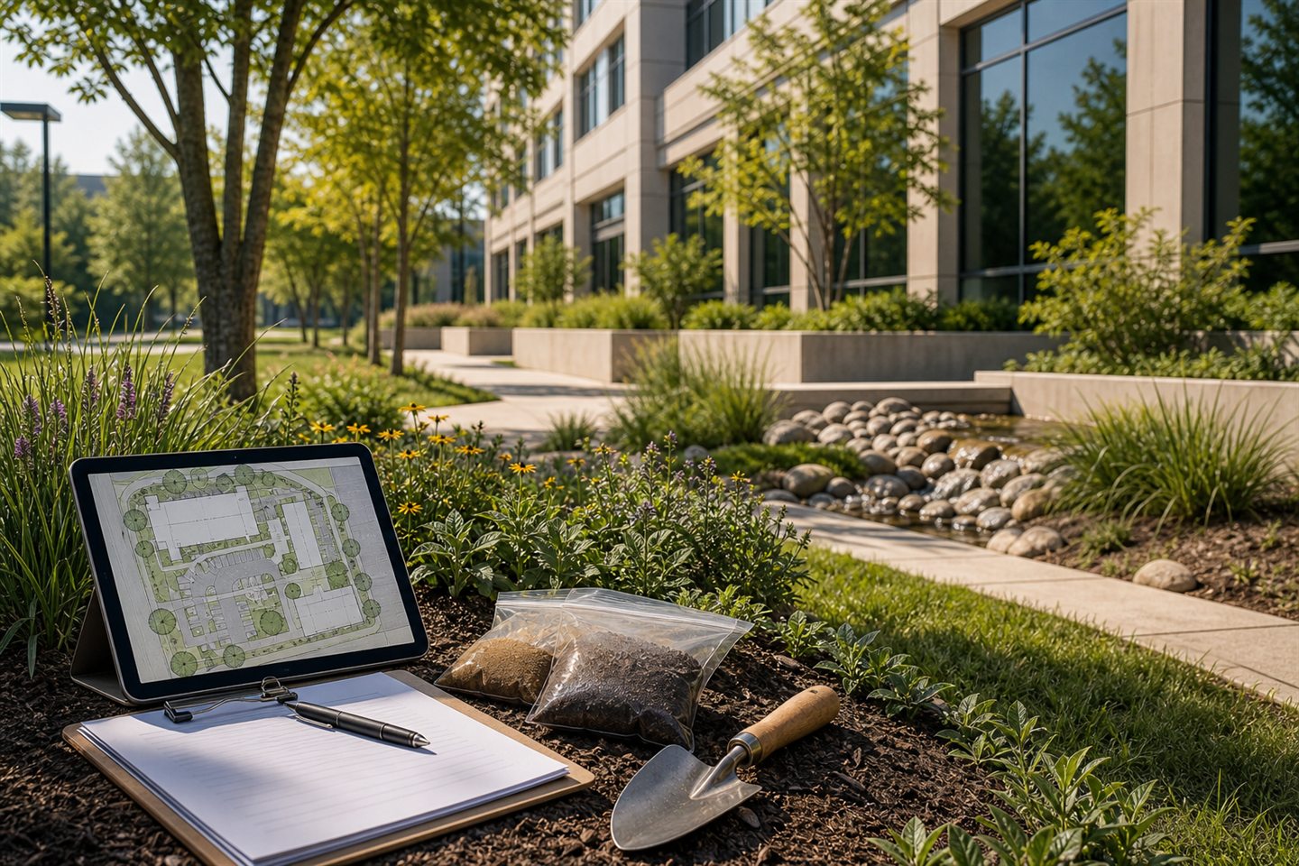 Commercial property landscape with soil samples, tablet, planting beds, walkway, and drainage feature