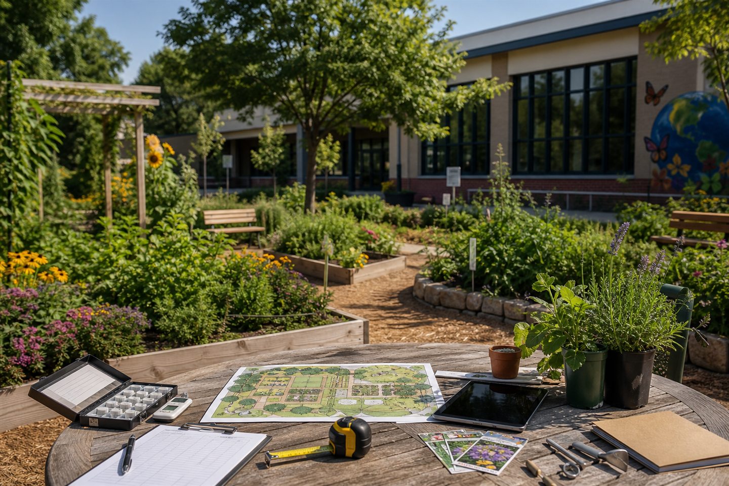 Community or school campus garden with consultation table, planting plan, soil test kit, and pollinator beds