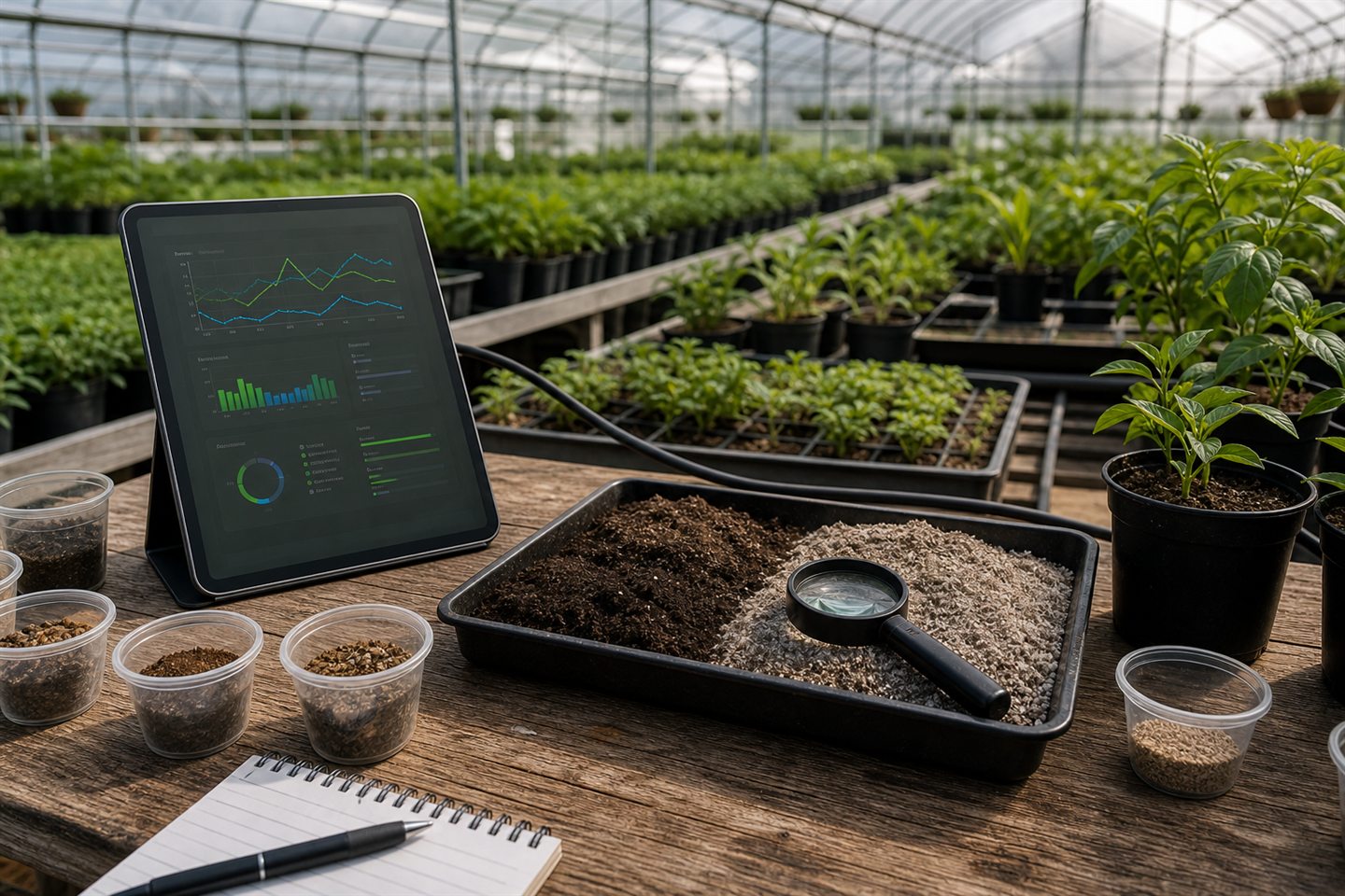 Greenhouse nursery workbench with container plants, soil samples, tablet dashboard, and growing media trays